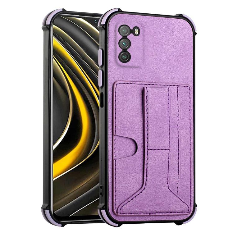 For Xiaomi Poco M3 Dream PU + TPU Four-corner Shockproof Back Cover Case with Card Slots & Holder