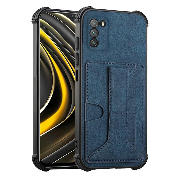 For Xiaomi Poco M3 Dream PU + TPU Four-corner Shockproof Back Cover Case with Card Slots & Holder