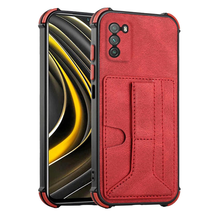 For Xiaomi Poco M3 Dream PU + TPU Four-corner Shockproof Back Cover Case with Card Slots & Holder