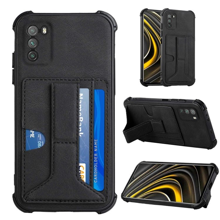 For Xiaomi Poco M3 Dream PU + TPU Four-corner Shockproof Back Cover Case with Card Slots & Holder