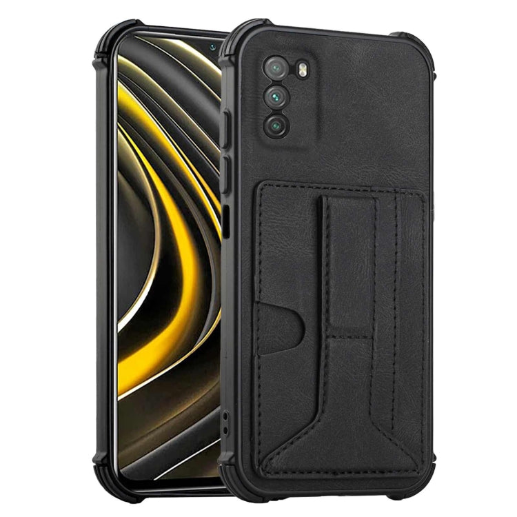For Xiaomi Poco M3 Dream PU + TPU Four-corner Shockproof Back Cover Case with Card Slots & Holder
