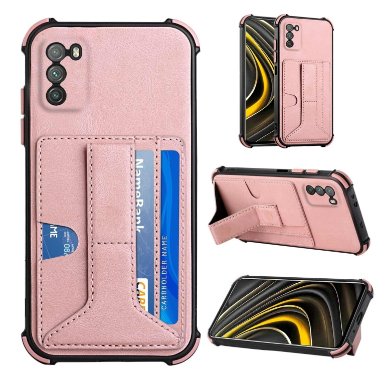 For Xiaomi Poco M3 Dream PU + TPU Four-corner Shockproof Back Cover Case with Card Slots & Holder