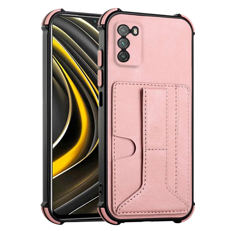 For Xiaomi Poco M3 Dream PU + TPU Four-corner Shockproof Back Cover Case with Card Slots & Holder
