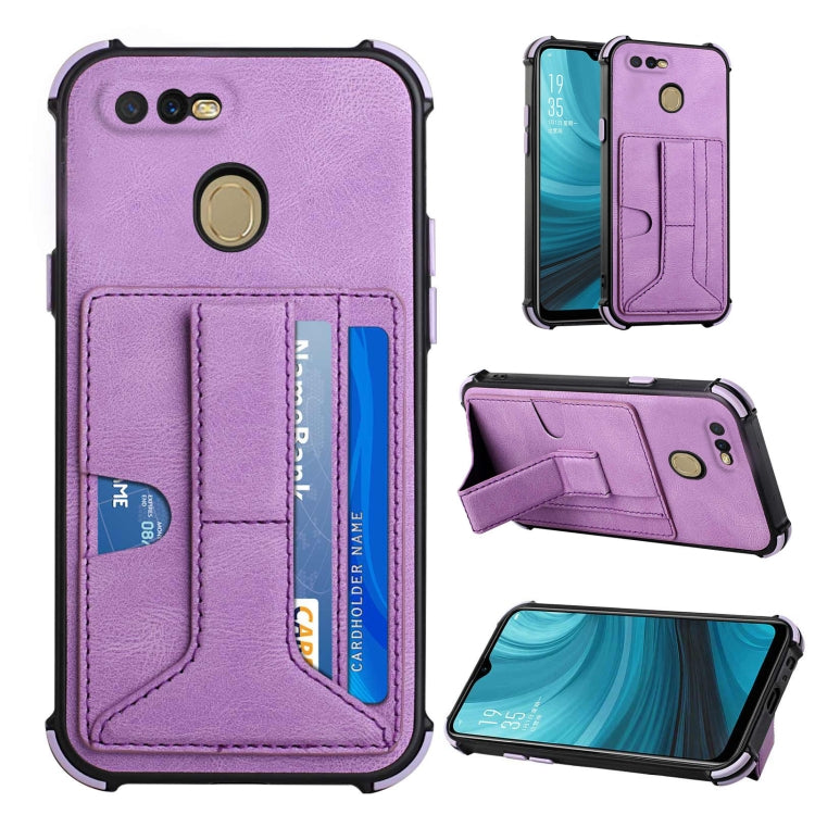 For OPPO A7 / A5s / A12 / A11k Dream PU + TPU Four-corner Shockproof Back Cover Case with Card Slots & Holder