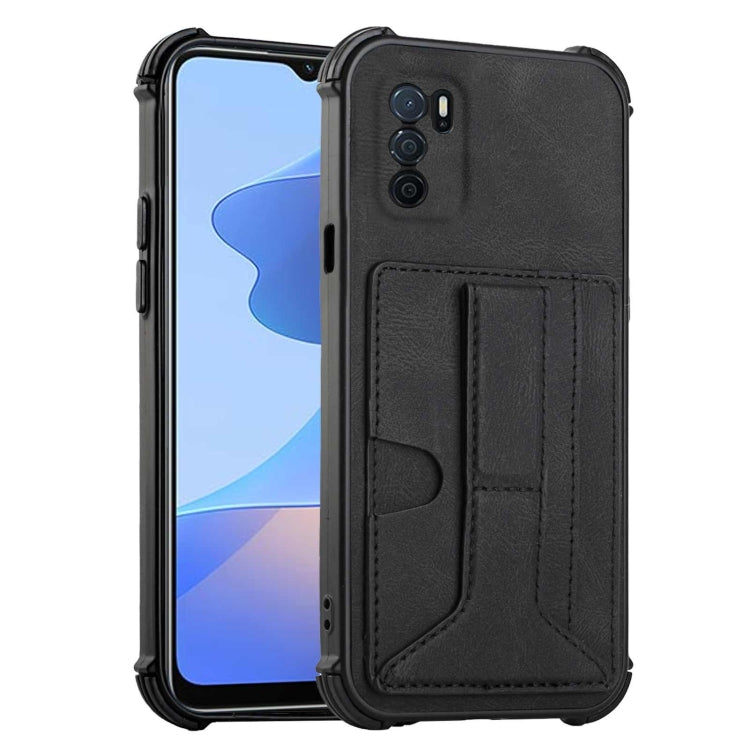 For OPPO A16 Dream PU + TPU Four-corner Shockproof Back Cover Case with Card Slots & Holder