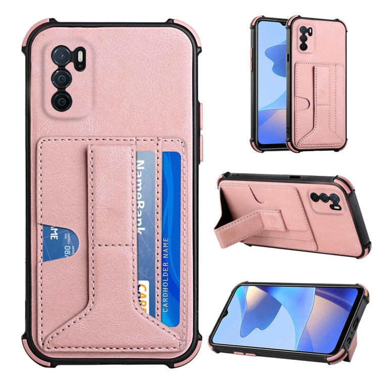 For OPPO A16 Dream PU + TPU Four-corner Shockproof Back Cover Case with Card Slots & Holder