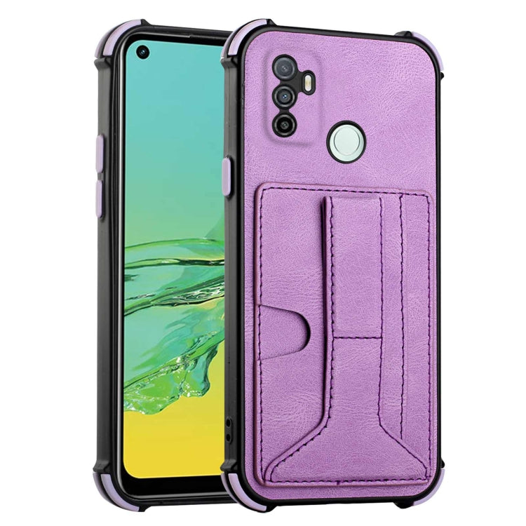 For OPPO A53 / A33 2020 / A32 Dream PU + TPU Four-corner Shockproof Back Cover Case with Card Slots & Holder