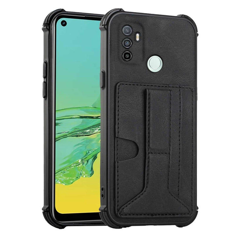 For OPPO A53 / A33 2020 / A32 Dream PU + TPU Four-corner Shockproof Back Cover Case with Card Slots & Holder