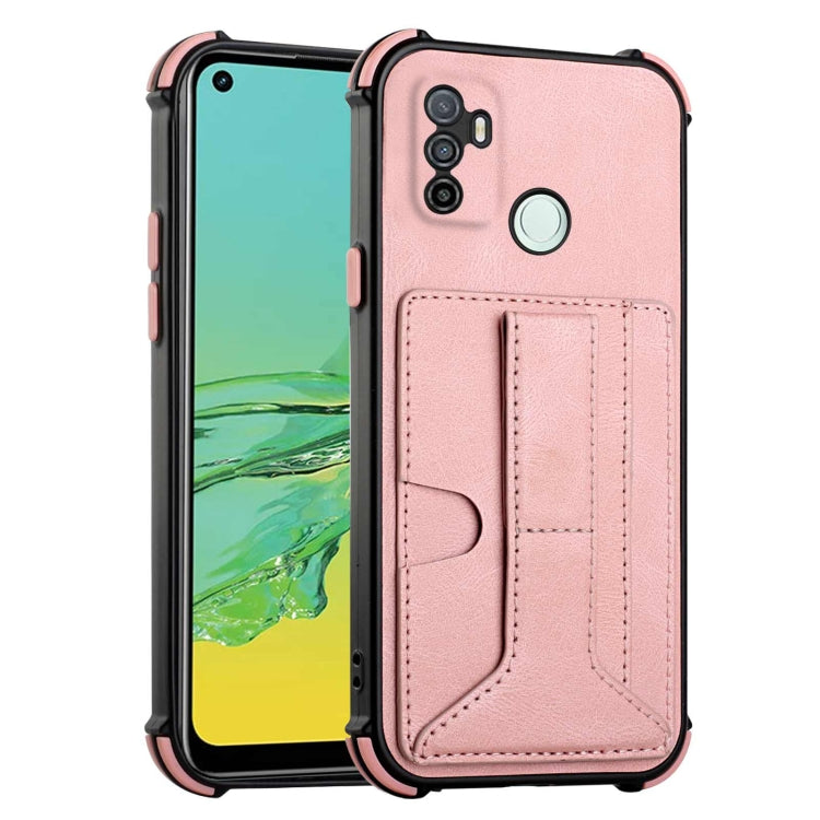 For OPPO A53 / A33 2020 / A32 Dream PU + TPU Four-corner Shockproof Back Cover Case with Card Slots & Holder