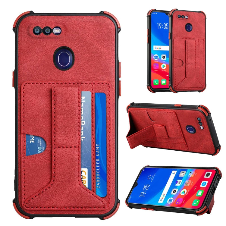 For OPPO F9 / A7x Dream PU + TPU Four-corner Shockproof Back Cover Case with Card Slots & Holder