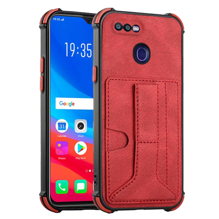 For OPPO F9 / A7x Dream PU + TPU Four-corner Shockproof Back Cover Case with Card Slots & Holder