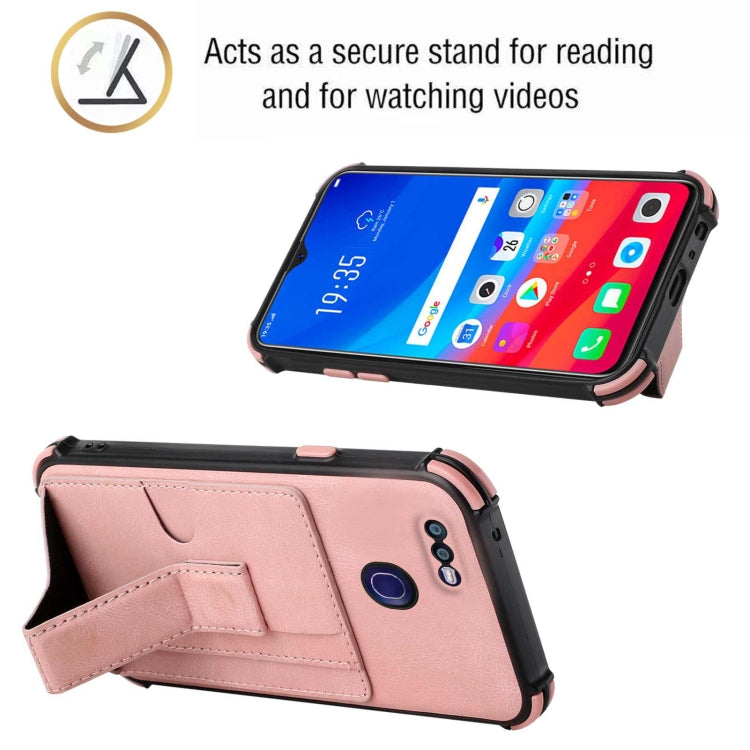 For OPPO F9 / A7x Dream PU + TPU Four-corner Shockproof Back Cover Case with Card Slots & Holder