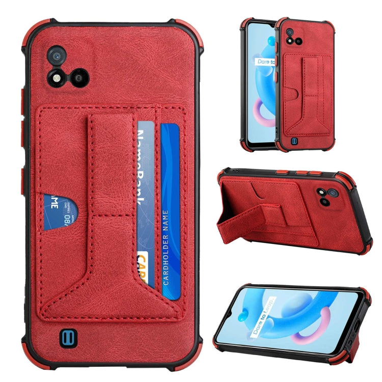 For OPPO Realme C20 Dream PU + TPU Four-corner Shockproof Back Cover Case with Card Slots & Holder