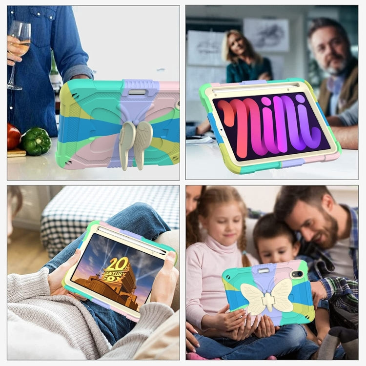 For iPad mini 6 Beige PC + Silicone Anti-drop Protective Tablet Case with Butterfly Shape Holder & Pen Slot