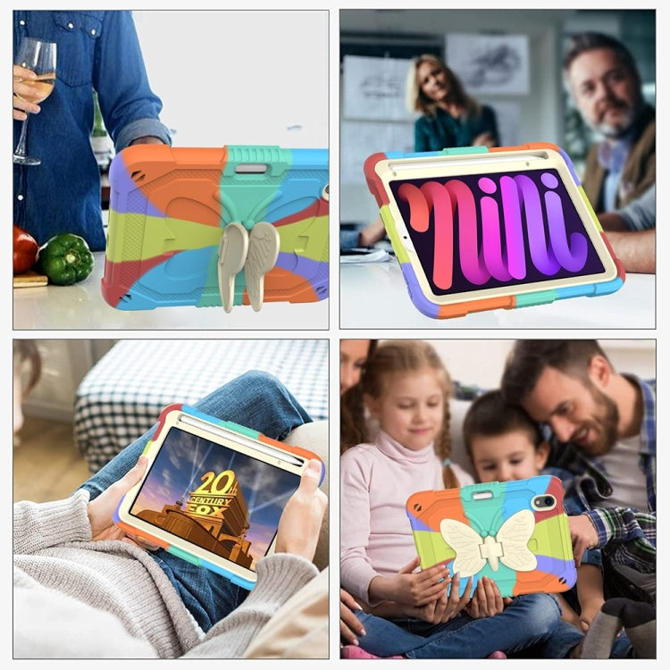 For iPad mini 6 Beige PC + Silicone Anti-drop Protective Tablet Case with Butterfly Shape Holder & Pen Slot