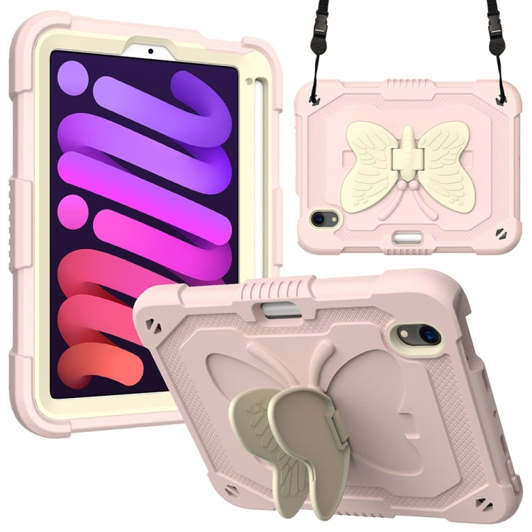 For iPad mini 6 Beige PC + Silicone Anti-drop Protective Tablet Case with Butterfly Shape Holder & Pen Slot