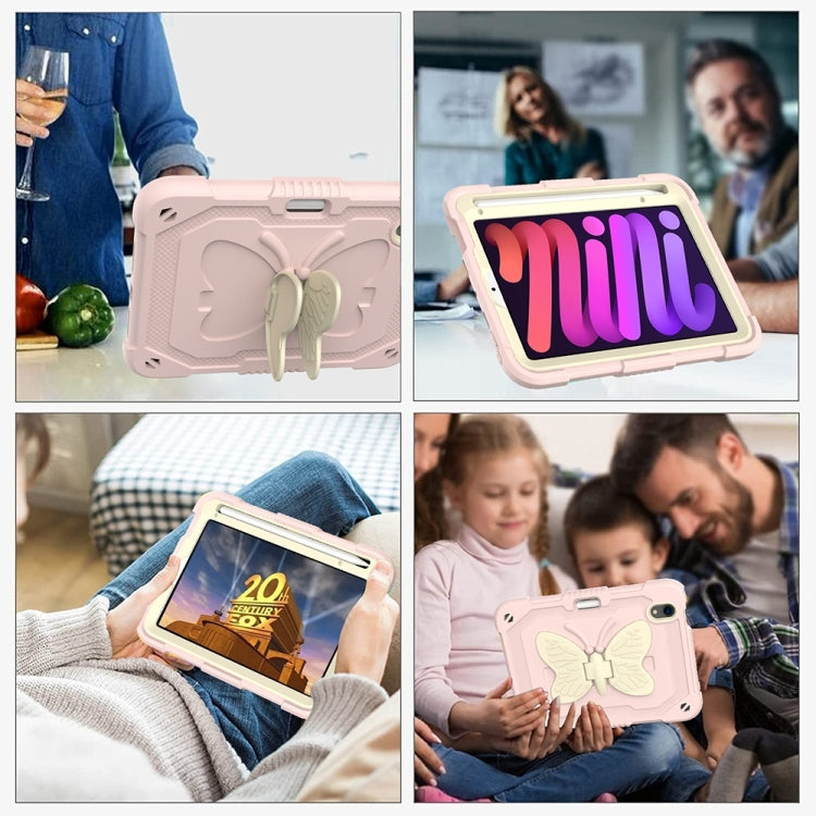 For iPad mini 6 Beige PC + Silicone Anti-drop Protective Tablet Case with Butterfly Shape Holder & Pen Slot