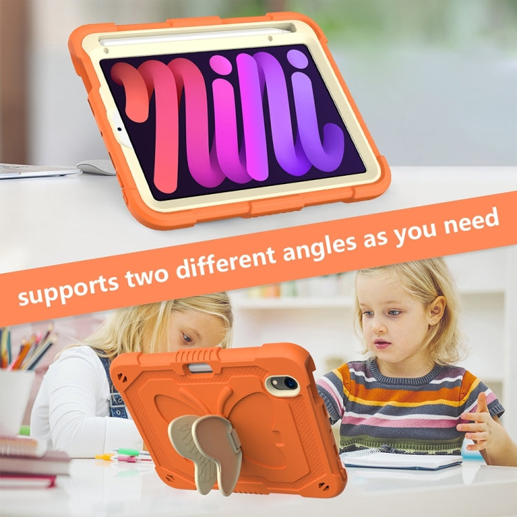 For iPad mini 6 Beige PC + Silicone Anti-drop Protective Tablet Case with Butterfly Shape Holder & Pen Slot