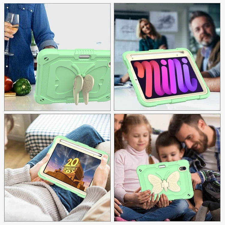 For iPad mini 6 Beige PC + Silicone Anti-drop Protective Tablet Case with Butterfly Shape Holder & Pen Slot