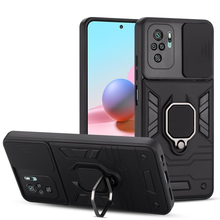For Xiaomi Redmi Note 10 Warrior Armor Sliding Camera Cover Design TPU + PC Shockproof Case with Ring Holder
