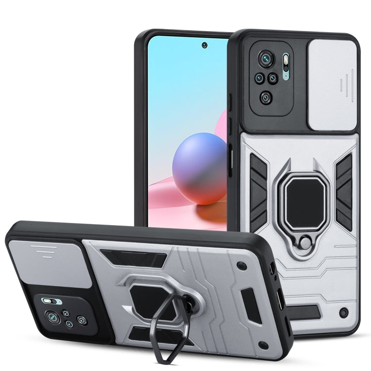 For Xiaomi Redmi Note 10 Warrior Armor Sliding Camera Cover Design TPU + PC Shockproof Case with Ring Holder