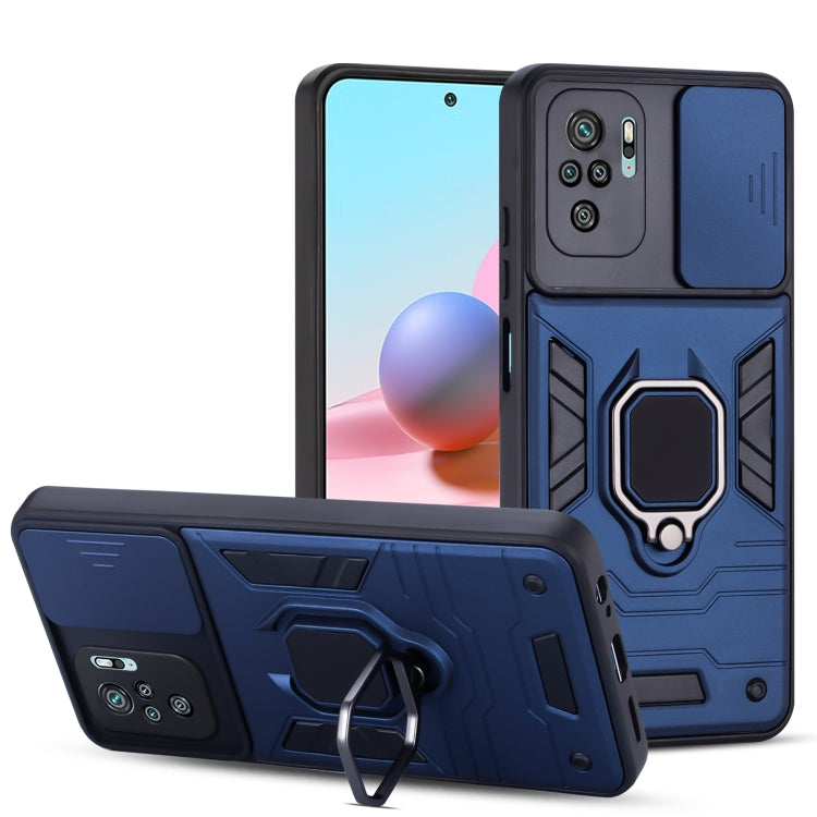 For Xiaomi Redmi Note 10 Warrior Armor Sliding Camera Cover Design TPU + PC Shockproof Case with Ring Holder