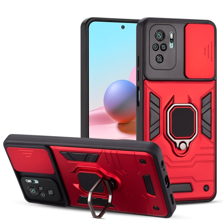 For Xiaomi Redmi Note 10 Warrior Armor Sliding Camera Cover Design TPU + PC Shockproof Case with Ring Holder