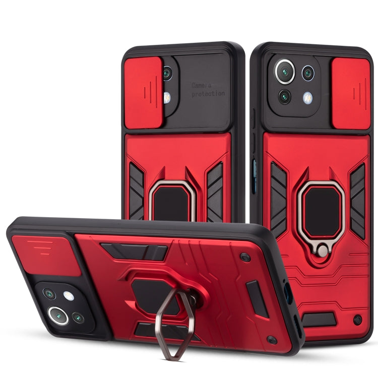 For Xiaomi Mi 11 Lite Warrior Armor Sliding Camera Cover Design TPU + PC Shockproof Case with Ring Holder