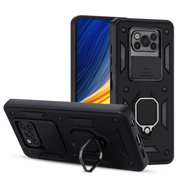 For Xiaomi Poco X3 Warrior Armor Sliding Camera Cover Design TPU + PC Shockproof Case with Ring Holder
