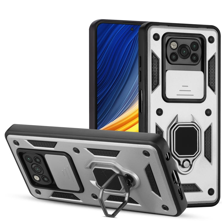 For Xiaomi Poco X3 Warrior Armor Sliding Camera Cover Design TPU + PC Shockproof Case with Ring Holder