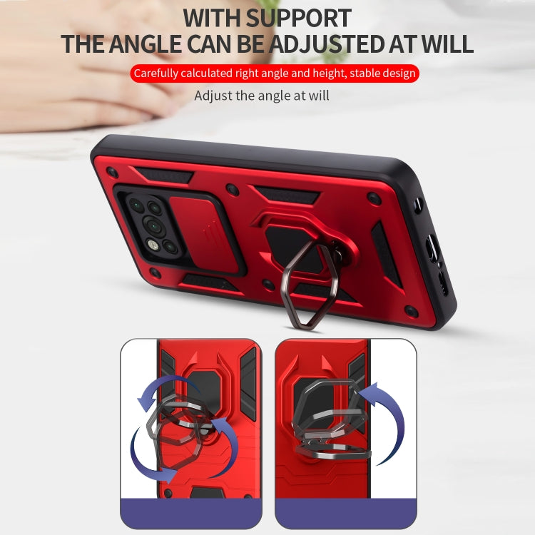 For Xiaomi Poco X3 Warrior Armor Sliding Camera Cover Design TPU + PC Shockproof Case with Ring Holder