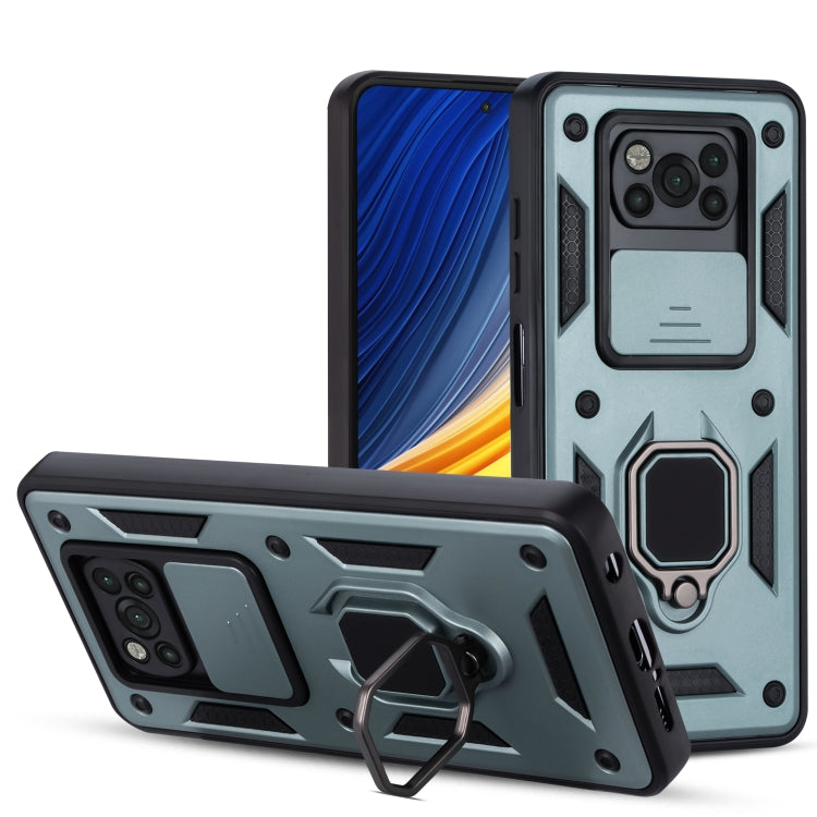 For Xiaomi Poco X3 Warrior Armor Sliding Camera Cover Design TPU + PC Shockproof Case with Ring Holder