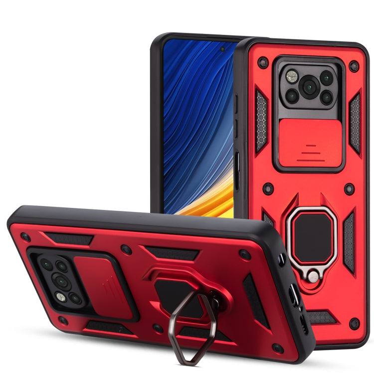 For Xiaomi Poco X3 Warrior Armor Sliding Camera Cover Design TPU + PC Shockproof Case with Ring Holder