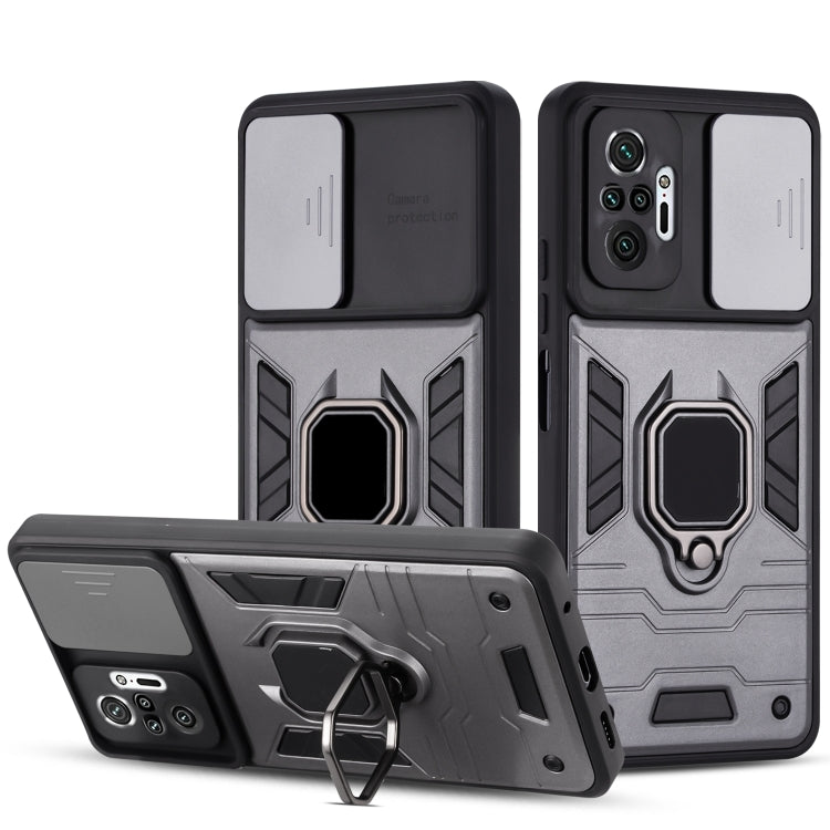 For Xiaomi Redmi Note 10 Pro Warrior Armor Sliding Camera Cover Design TPU + PC Shockproof Case with Ring Holder