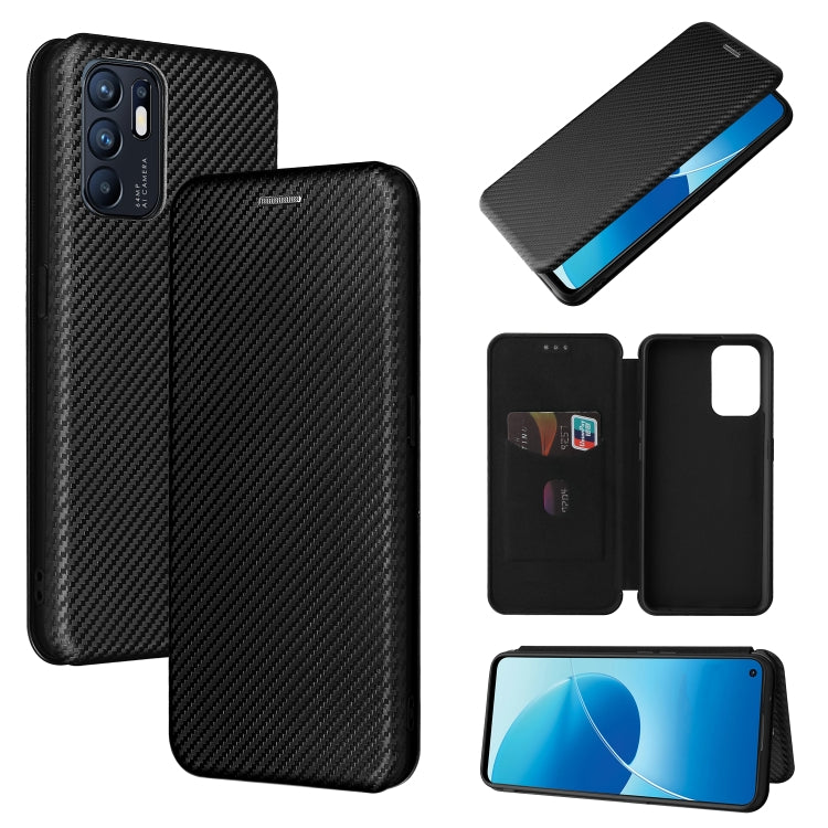 For OPPO Reno6 4G Carbon Fiber Texture Horizontal Flip TPU + PC + PU Leather Case with Card Slot