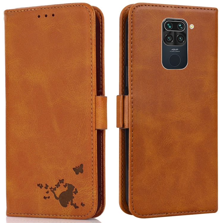 For Xiaomi Redmi Note 9 Embossed Cat Butterflies Pattern Horizontal Flip Leather Case with Card Slot & Holder & Wallet