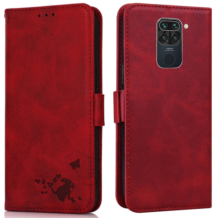 For Xiaomi Redmi Note 9 Embossed Cat Butterflies Pattern Horizontal Flip Leather Case with Card Slot & Holder & Wallet