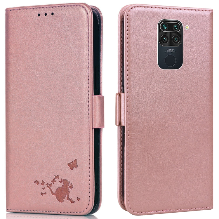 For Xiaomi Redmi Note 9 Embossed Cat Butterflies Pattern Horizontal Flip Leather Case with Card Slot & Holder & Wallet
