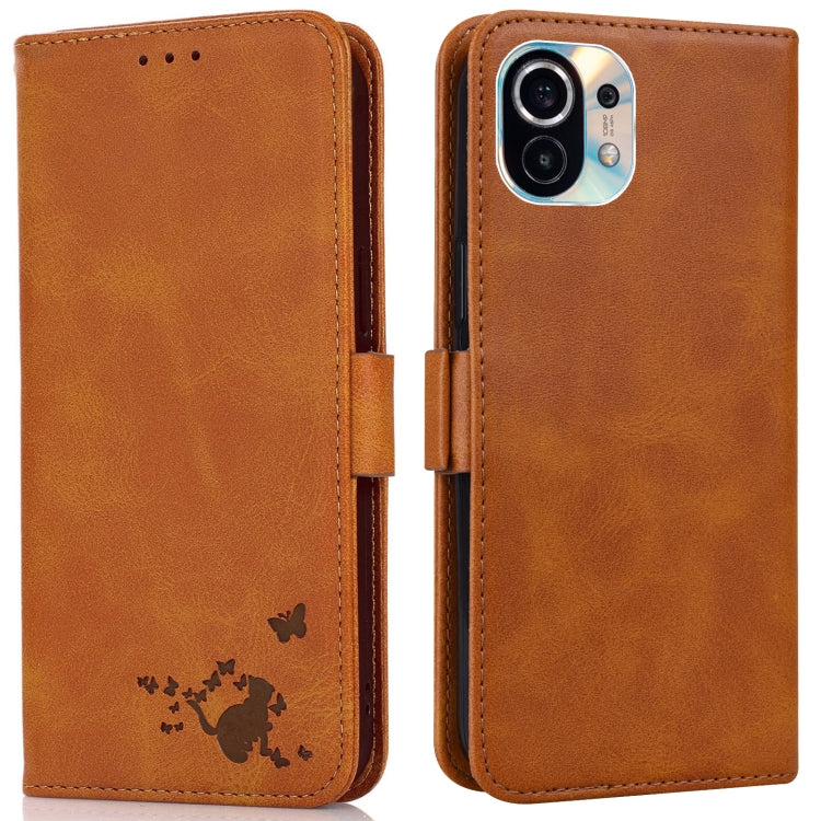 For Xiaomi Mi 11 Embossed Cat Butterflies Pattern Horizontal Flip Leather Case with Card Slot & Holder & Wallet