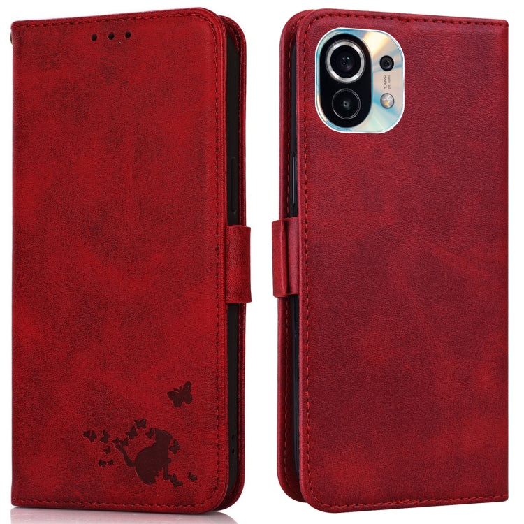 For Xiaomi Mi 11 Embossed Cat Butterflies Pattern Horizontal Flip Leather Case with Card Slot & Holder & Wallet