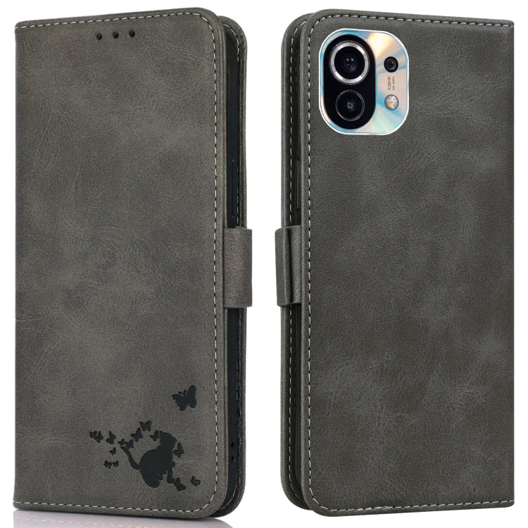 For Xiaomi Mi 11 Embossed Cat Butterflies Pattern Horizontal Flip Leather Case with Card Slot & Holder & Wallet