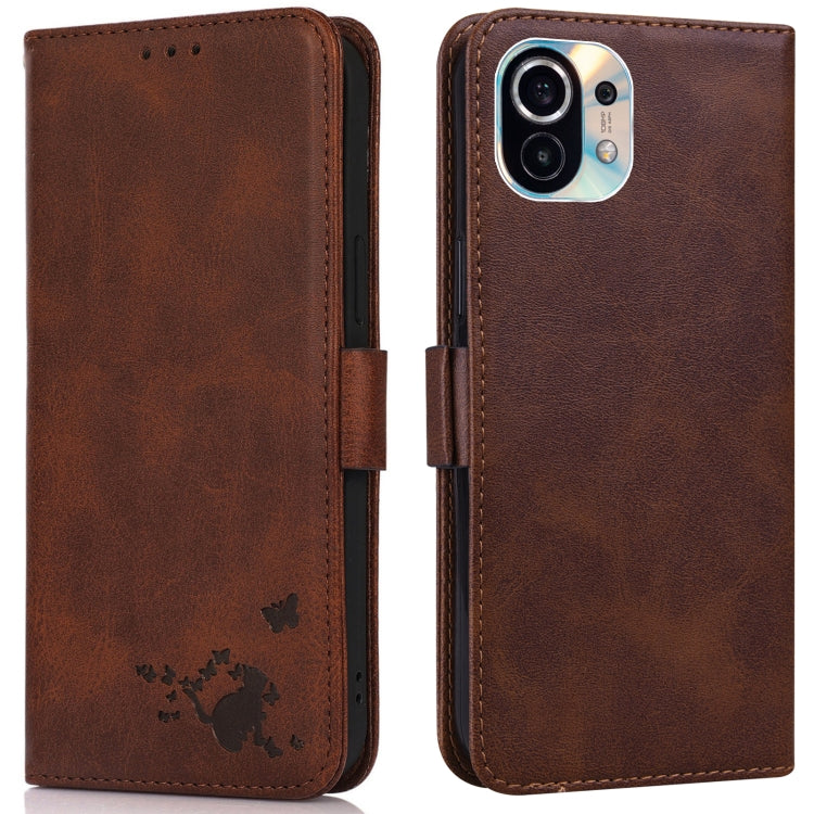 For Xiaomi Mi 11 Embossed Cat Butterflies Pattern Horizontal Flip Leather Case with Card Slot & Holder & Wallet