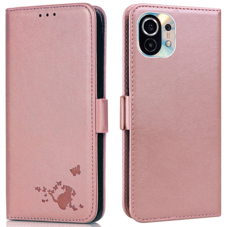 For Xiaomi Mi 11 Embossed Cat Butterflies Pattern Horizontal Flip Leather Case with Card Slot & Holder & Wallet