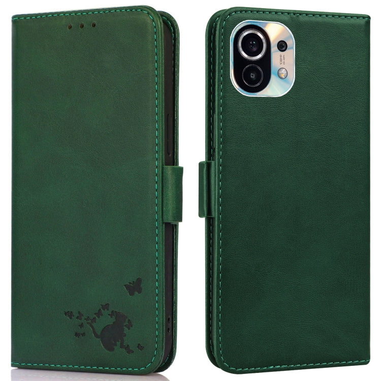 For Xiaomi Mi 11 Embossed Cat Butterflies Pattern Horizontal Flip Leather Case with Card Slot & Holder & Wallet