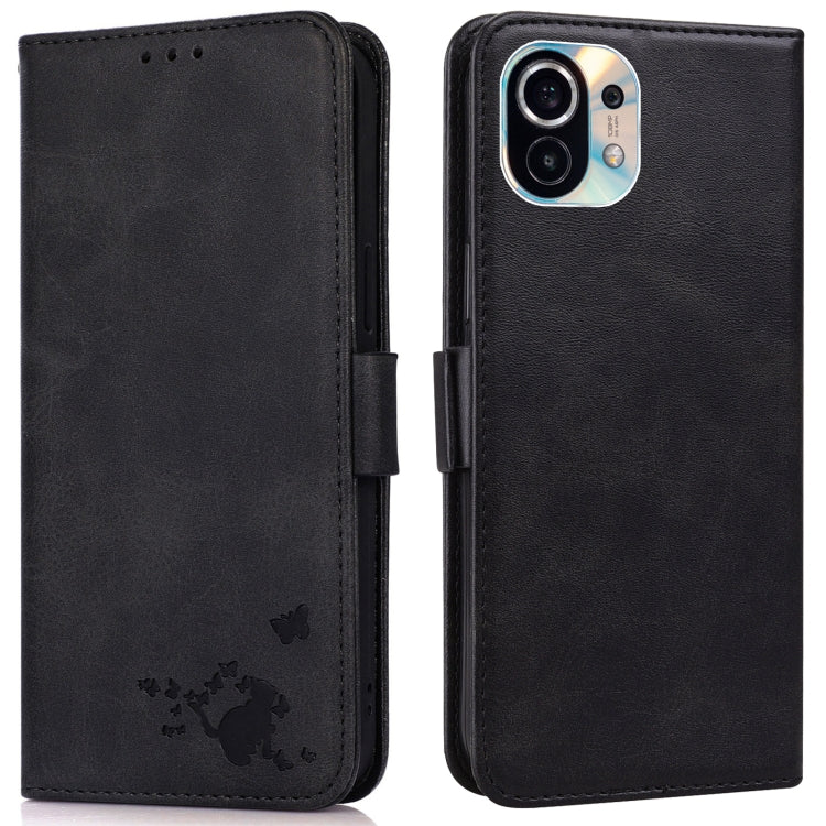 For Xiaomi Mi 11 Embossed Cat Butterflies Pattern Horizontal Flip Leather Case with Card Slot & Holder & Wallet