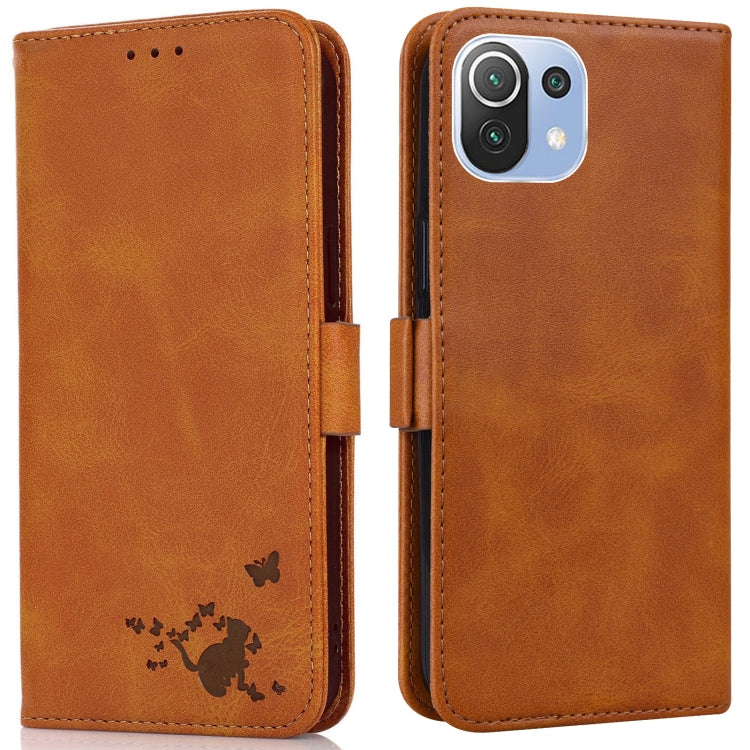 For Xiaomi Mi 11 Lite Embossed Cat Butterflies Pattern Horizontal Flip Leather Case with Card Slot & Holder & Wallet