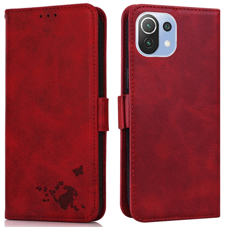 For Xiaomi Mi 11 Lite Embossed Cat Butterflies Pattern Horizontal Flip Leather Case with Card Slot & Holder & Wallet