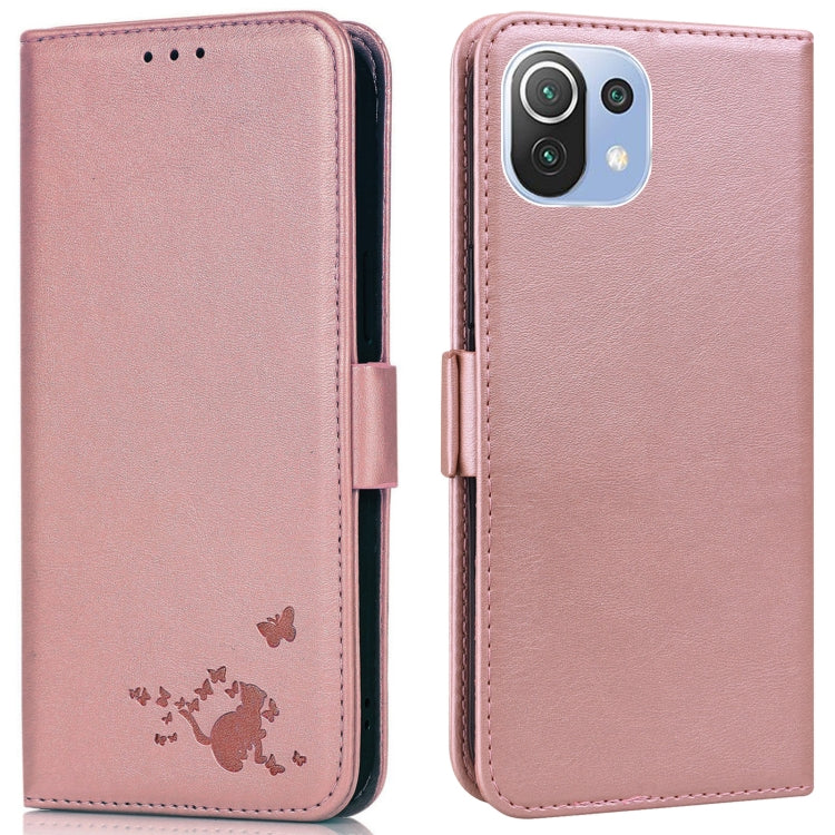 For Xiaomi Mi 11 Lite Embossed Cat Butterflies Pattern Horizontal Flip Leather Case with Card Slot & Holder & Wallet