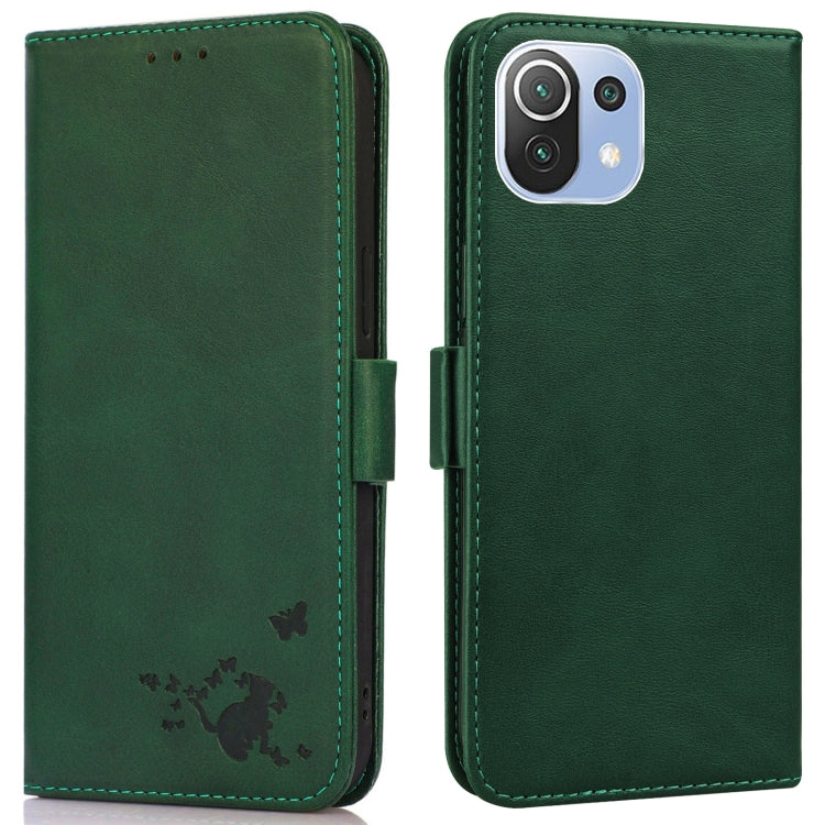 For Xiaomi Mi 11 Lite Embossed Cat Butterflies Pattern Horizontal Flip Leather Case with Card Slot & Holder & Wallet