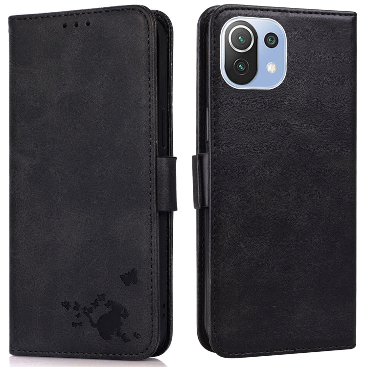 For Xiaomi Mi 11 Lite Embossed Cat Butterflies Pattern Horizontal Flip Leather Case with Card Slot & Holder & Wallet